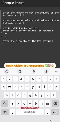 Matrix Addition in C Programming ✅️💯😱#coding #clanguage #youtubeshorts #matrix