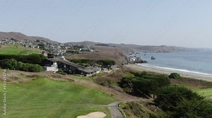 Bodega Bay, California, United States - September 20, 2021 : Aerial of Bodega Harbor, a neighborhood with golf courses in Bodega Bay, California