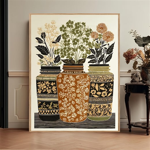 Botanical Flower Vase Wall Art, Earth Tone Folk Plant Print, Rustic Kitchen Decor - Etsy