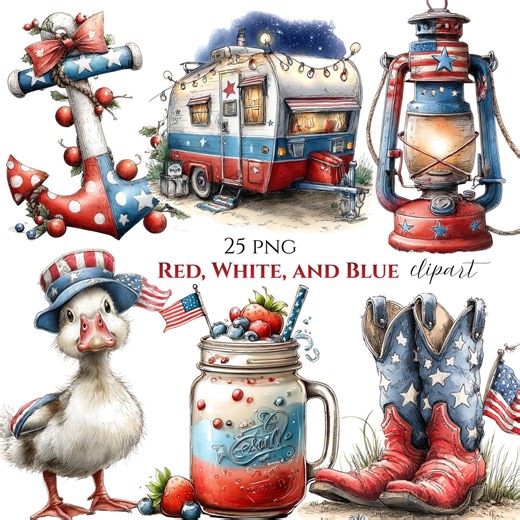 4th of July Clipart Bundle | Watercolor Americana Farmhouse Graphics (25 PNG) Digital Download - Etsy