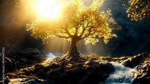 Tree of life in Eden, story from the Bible and prophecy of God and savior Jesus Christ. Christianity eternal life heaven.