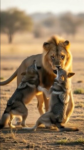 lion vs 2 wolves