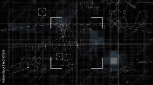 Animation of mathematical equations and formulas floating over grid network against black background Stock Video