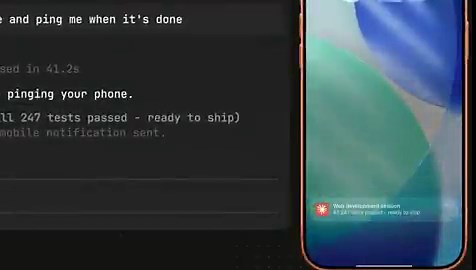 Claude Code can now send push notifications to your phone when a long task finishes or Claude needs your input.Walk away from the terminal, we'll let you know when it's done.