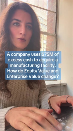 The best way to solve these types of problems that ask what happens to value during a certain circumstance, whether a financing or investing activity, is to write the equation from Equity Value to Enterprise Value vertically. Then figure out how each line item changes within the equation. In this case, the only change is that Cash is decreasing by $75M. There is no change to Equity Value, Debt, Preferred Stock, or Noncontrolling Interest. Now put this change back into the equation, which is just