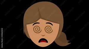 loop animation of the face of a hypnotized cartoon brunette woman with spiral eyes spinning, on a transparent background