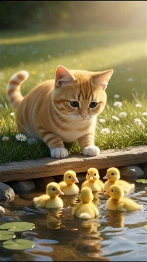 Cat Family Plays with Baby Ducks. #cat #cats #catvideos #catshorts