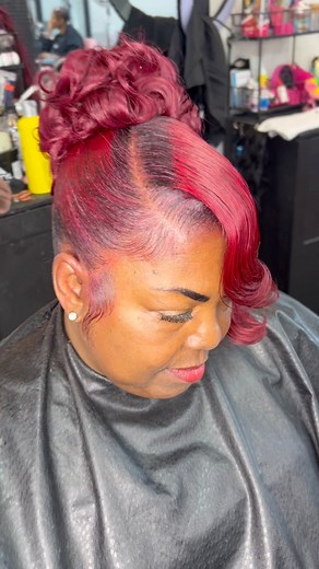1.3M views · 14K reactions | Fire Engine Red Updo#updo #ponytail #redhair #sidebangs #messybun #curls #edgesonfleek #slickponytail #cutehair #phillystylist #ponytailslayer #merakihairloft #blackbusiness #morethanacheck @Morethanacheck lOVE MY HOODIE | Shadonna Pitts | Facebook