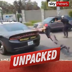115K views · 4.2K reactions | Watch the shocking moment an anti-Trump protester tries to climb on top of a California police car but then brutally falls off as it drives away. #Unpacked | Sky News Australia | Facebook