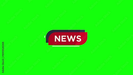 Animated news lower third graphic sliding in from left, red banner with white text, subtle glow effect. Professional broadcast style, flat vector animation, green screen background, seamless loop, chr