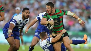 The original run it straight challenge. 👊😲🏉 Show your support at ANZ Stadium this Saturday when we pay tribute to the career of Sam Burgess. 🐇❤️💚 #GoRabbitohs #OldestProudestLoudest | South Sydney Rabbitohs