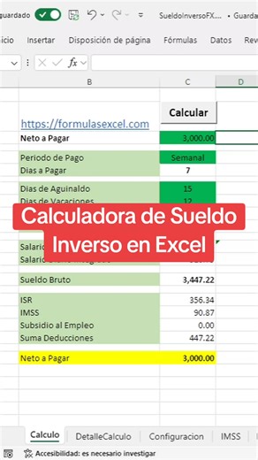115K views · 1.3K reactions | Calcular Sueldo Inverso con Formulas Excel Pones el total que debe recibir el empleado, clic en calcular y te hace el cálculo Inverso, incluyendo retenciones. Descargalo aquí: https://formulasexcel.com/calculo-inverso-de-sueldo-en-excel/ #sueldoinveeso #excel #exceltips #contabilidad #nomina | FormulasExcel | Facebook