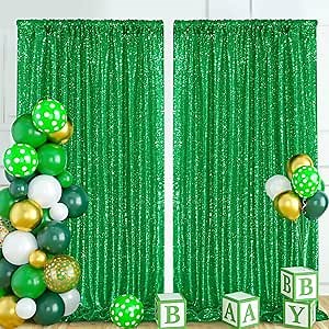 Green Sequin Backdrop Curtains 2 Pcs 5FTx10FT Glitter Backdrop Christmas Decoration Sparkly Party Cake Table Backdrop Drapes