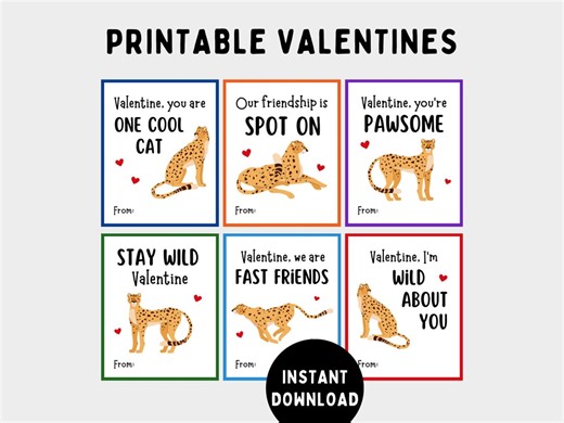 Cheetah Valentine Cards -- Printable School, Classroom and Party Favors for Kids -- Instant Download - Etsy