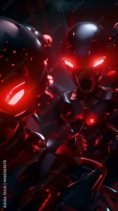 Closeup of a group of robotic aliens, with glowing red eyes, holding onto a powerful energy source. They believe this energy source is their god, the Energetic Entity, and they must protect