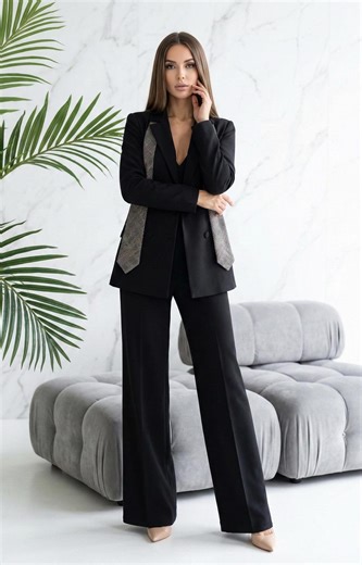Palazzo Pants Suit Elegant Black Formal Set With Jacket for Wedding Guest - Etsy