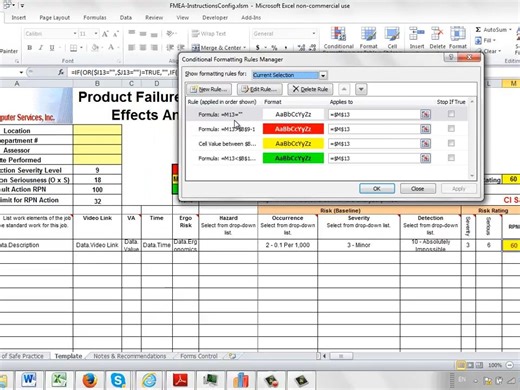Control Parameters in the PFMEA using Excel Conditional Formatting