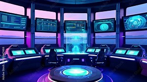 Futuristic control room with multiple monitors and workstations.