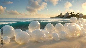 approach Bubble Wrap Beach, first thing notice sparkling ocean translucent blue, with bubbly waves crashing against shore. tiny bubbles glisten sunlight, inviting take 2d animation