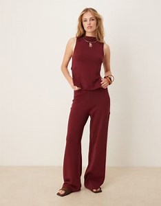 ASOS DESIGN knitted racer top with angled front panel & wide leg trousers co-ord in burgundy | ASOS