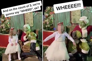 Mum slammed for 'cruel' Grinch prank which sends her terrified daughter flying