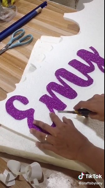 STYRO NAME BACKDROPS in FOAM GLITTERS! 💜✨ Follow me for more tutorials! #crafts #backdropdecoration #fyp