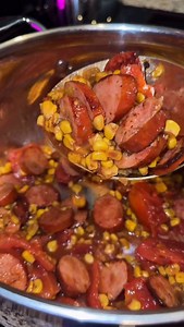 Stewed Tomato’s with Corn & Sausage I love that I was raised in the country and eating good food that I still enjoy in my adulthood! 1 can Stewed Tomato’s 2 cups rice 4 cups water 1 can roasted corn 1 Roughly chopped andouille sausage I love making my rice first so I boil 4 cups of water then once the boil has erupted I add 2 cups of rice and then stir I allow my rice to boil for maybe 1-2 minutes then I turn my stove down to low and allow it to simmer until fork tender then to another pot I add