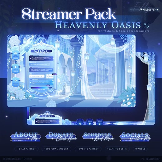 Heavenly Oasis Stream Pack - Animated Celestial Twitch Overlay | Day Night | Lanterns | Blue | Vtuber | Chat & Goal Widget | Floral Pillars - Etsy