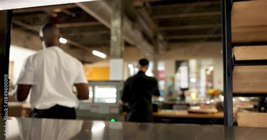 Restaurant, server and food at kitchen pass for cuisine service, catering industry and workflow. Hospitality staff, man and plate collection for serving, fine dining and order ready for lunch meal