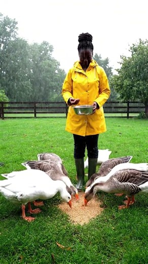 Kind woman in soaked clothes feeding chickens in a muddy backyard #feeding