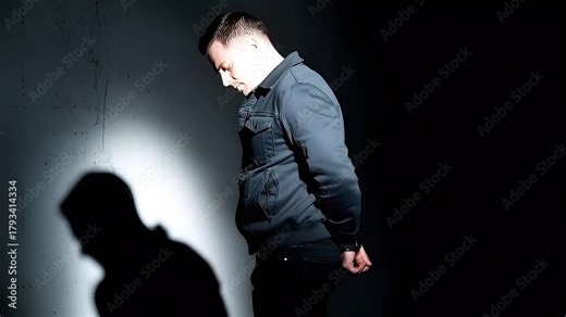 Handcuffed male prisoner in prison cell with dramatic spotlight and dark shadows, cinematic detention and punishment scene.