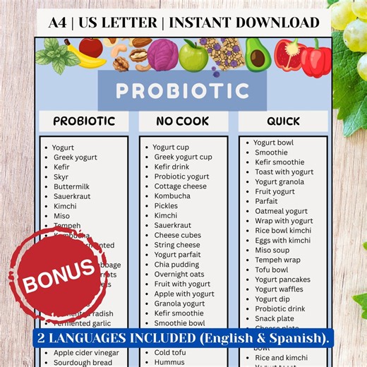 Probiotic Foods Chart Printable, Gut Health Food Chart, Fermented Food Guide, Snack Ideas Chart, Kitchen Reference, English-spanish PDF - Etsy