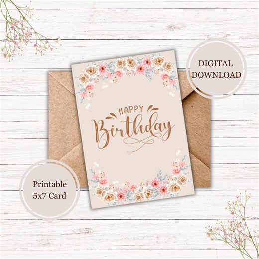 Pretty Floral Birthday Card- DIGITAL Download - Printable Birthday Card Featuring Flowers - Printable Card - Etsy