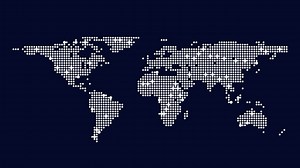 Dotted map of world countries and continents cleverly recreated with small white dots on a dark blue background | Premium Stock Video Footage