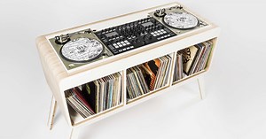Music and mid-century design collide on this beautiful DJ stand that holds 350 vinyl records