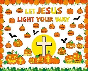 83Pcs Fall Christian Pumpkin Bulletin Board Set Let Jesus Light Your Way Classroom Decoration Halloween Jesus Pumpkin Cutouts Bulletin Board Halloween Religious Supplies for Kids Sunday School Decor