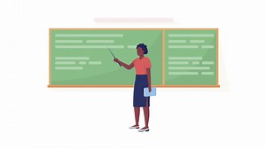 Animated teacher near board. Female educator pointing on blackboard. Flat person on white background with alpha channel transparency. Colorful cartoon style HD video footage of character for animation