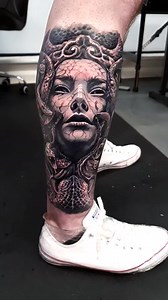 33K views · 1.4K reactions | Medusa.. Medusa is one of the most famous figures in Greek mythology, known as one of the three Gorgons. Unlike her immortal sisters, Stheno and Euryale, Medusa was mortal. She is often depicted as a winged woman with venomous snakes for hair, and her gaze had the power to turn anyone who looked at her directly into stone. #tattoo #calftattoo #medusa #glasgowtattoo #tattoorealizm | Burt Tattooizé | Facebook