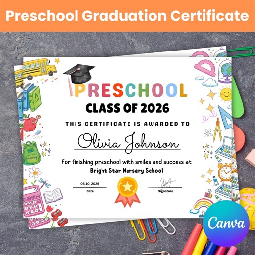 Preschool Graduation Certificate Template, Canva Editable Prek Grad Template, Graduation Diploma, Personalized School Sign, Award Digital - Etsy