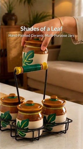 ExclusiveLane Shades of a Leaf Hand-Painted Ceramic Jars Set | Multi-Purpose Storage Jars with Lids
