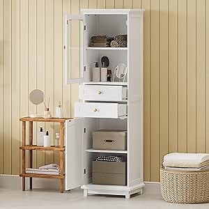 Tall Bathroom Cabinet, Floor Freestanding Storage Cabinets with 2 Drawers, Adjustable Shelves and Glass Doors