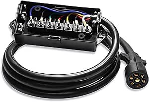 7 Way Trailer Plug 8 Feet Heavy Duty Inline Trailer Cord with 7 Gang Wiring Junction Box Weatherproof 7 Pin Trailer Wiring Harness for Campers Caravans Vans