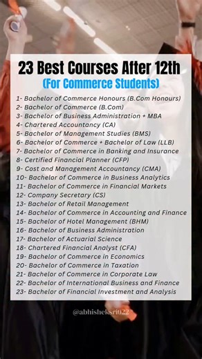 Abhishek K. Srivastava on Instagram: "23 Best Courses After 12th For Commerce Students | Best Course After 12th . . . Disclaimer: This post is only for informational and educational purposes. We do not offer or guarantee anything. . . #Bestcoursesafter12thforcommercestudents #Bestcoursesafter12thcommerce #bestcoursesafter12th #Bestcoursrs #after12th #Commerce #Graduation #Students #Education #abhisheksri022 #Bba #Mba #Bcom"