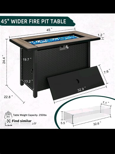 TIKTOK FIND ✧ TikTok Shop products Fire Pit Table designed for outdoor patio and garden spaces powered by propane with a 50,000 BTU output that gives consistent, controlled heat rectangular design with a smooth glass tabletop surface that doubles as a functional table ✨ built with durable steel and includes a waterproof cover for protection when not in use features easy ignition, adjustable flame control, and CSA-certified safety for reliable use modern look that fits clean, minimal outdoor setu