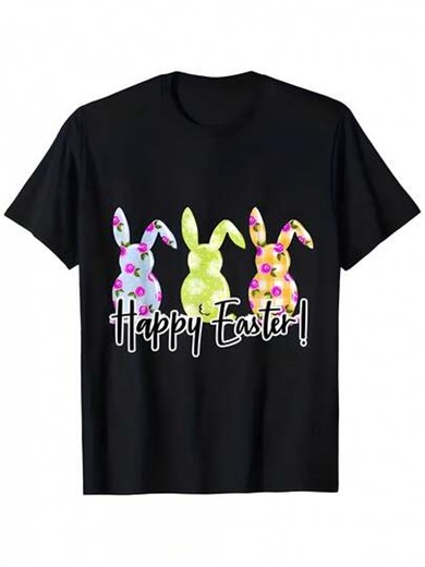 Men'S Retro Easter Bunny & Happy Easter T-Shirt - Pastel Bunnies & Egg Hunt Party Outfit, Loose Fit Short Sleeve, Spring Casual Wear With White Lettering & RabbitChick Design, Funny Easter Egg Pattern Tee For Adults - Vintage-Inspired Round | SHEIN