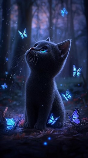 4K Live Wallpaper of Anime Black Kitten with Butterflies