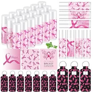 36 Pcs Breast Cancer Awareness Lip Balms with Holder Keychains Pink Ribbon Gifts Bulk Pink out Day Breast Cancer Accessories Survivor Gifts Natural Moisturizing Care for Girls Youth Cheer Team