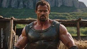 Animated render of greek hero Hercules with muscular arms. Hercules, a muscular Greek hero, stands in front of a mountain and looks intensely towards the camera