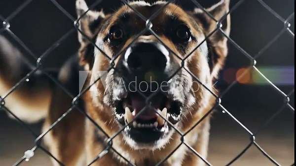 German Shepherd dog aggressively barks behind a chain link fence. Its bared teeth and snarling expression are visible. Security or guard dog concept.