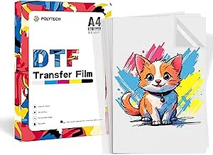 POLYTECH DTF Transfer Film - A4, 60 Sheets, 8.5X11'', PET Film Heat Transfer Paper Hot Peel Double Matte, Direct to Film EPSON Printer ET-8550, ET8500, XP15000, L1800, for DIY T-Shirt Transfers